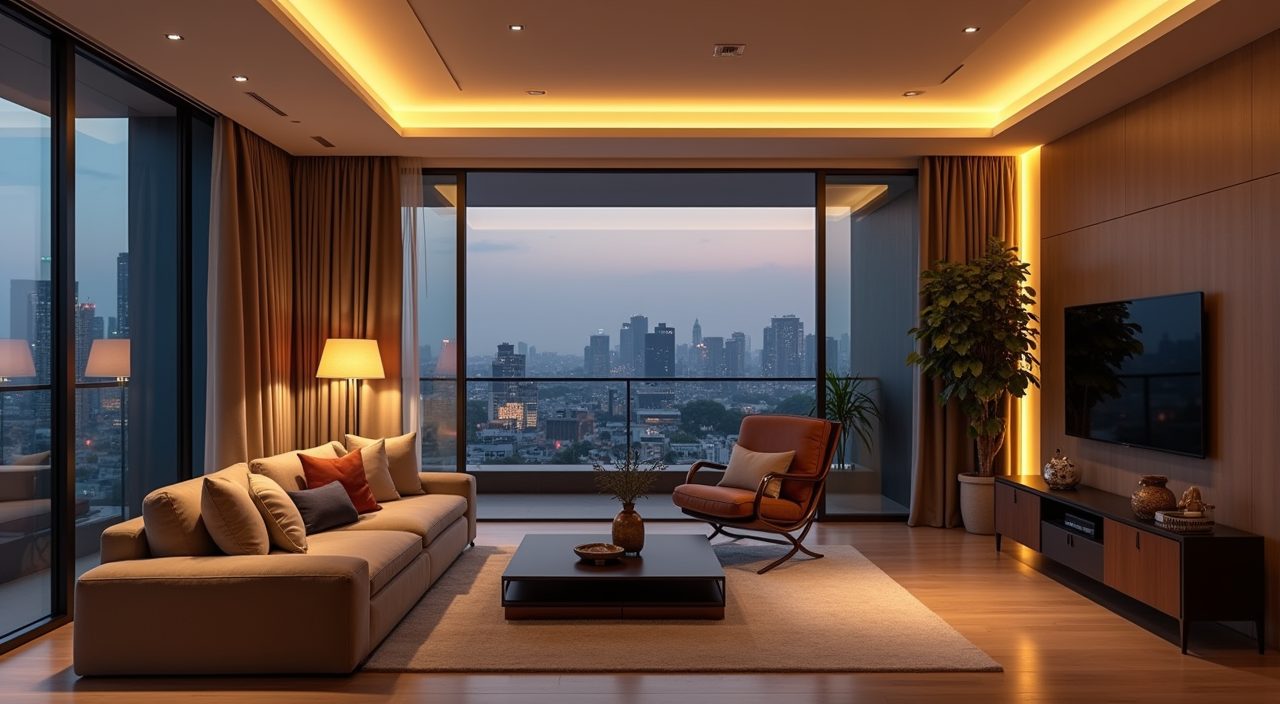 Modern contemporary Singapore living room with layered warm lighting and cove strip