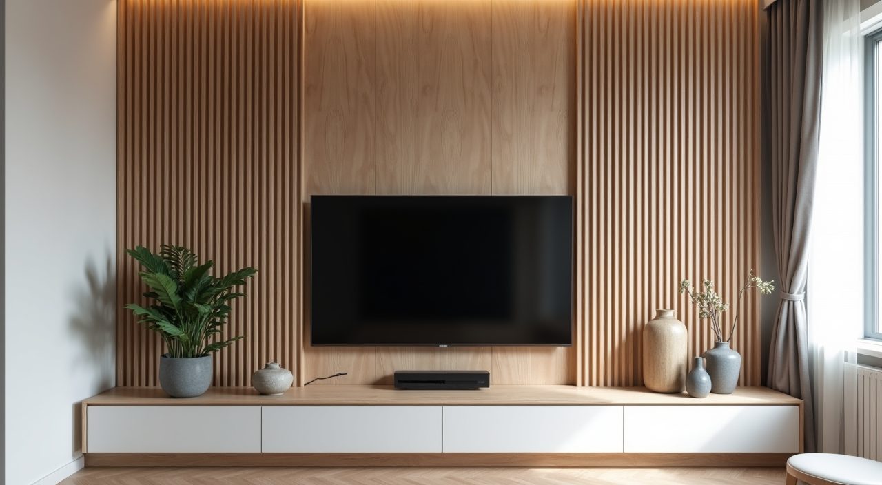 Modern contemporary Singapore living room fluted timber-look feature TV wall