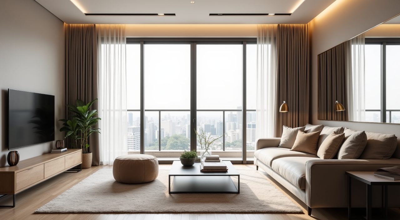 Modern contemporary Singapore living room with floor-to-ceiling sheer curtains and daylight