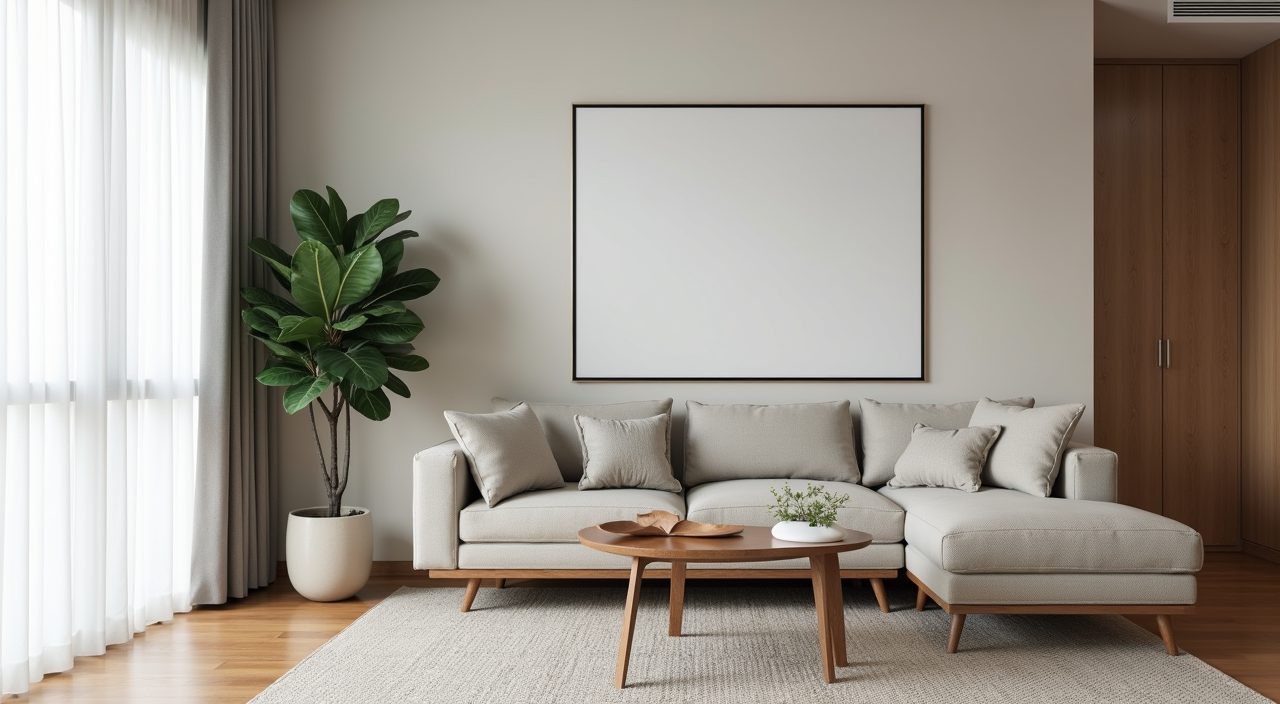 Modern contemporary Singapore living room corner with tall plant and textured rug