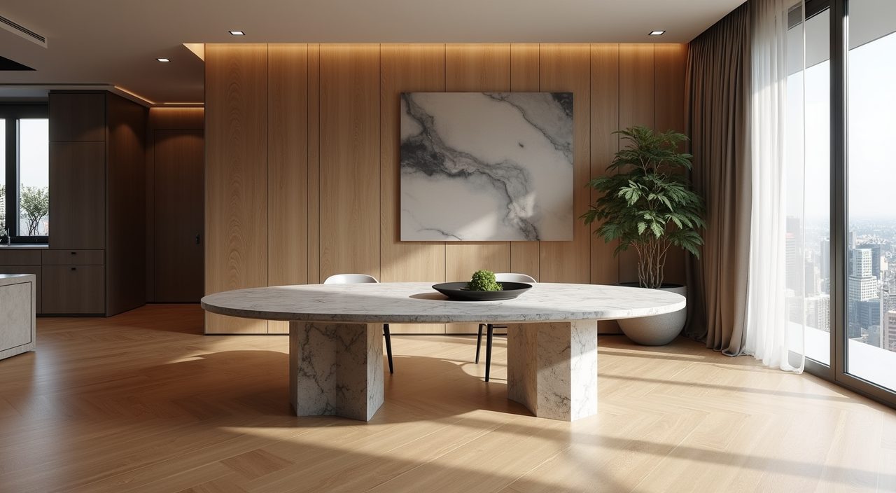 Modern luxury Singapore dining area with a right sized oval table and generous walkway clearance