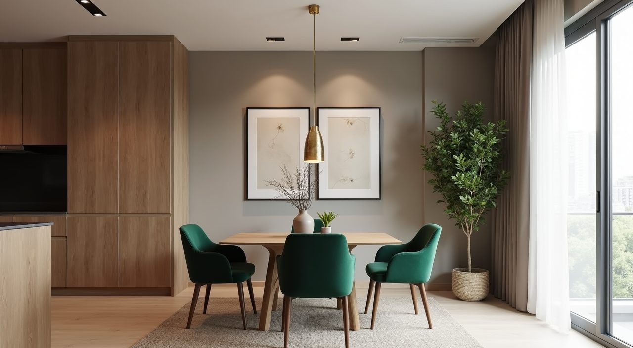 Modern luxury Singapore dining area with a warm greige and forest green palette on oak and brass