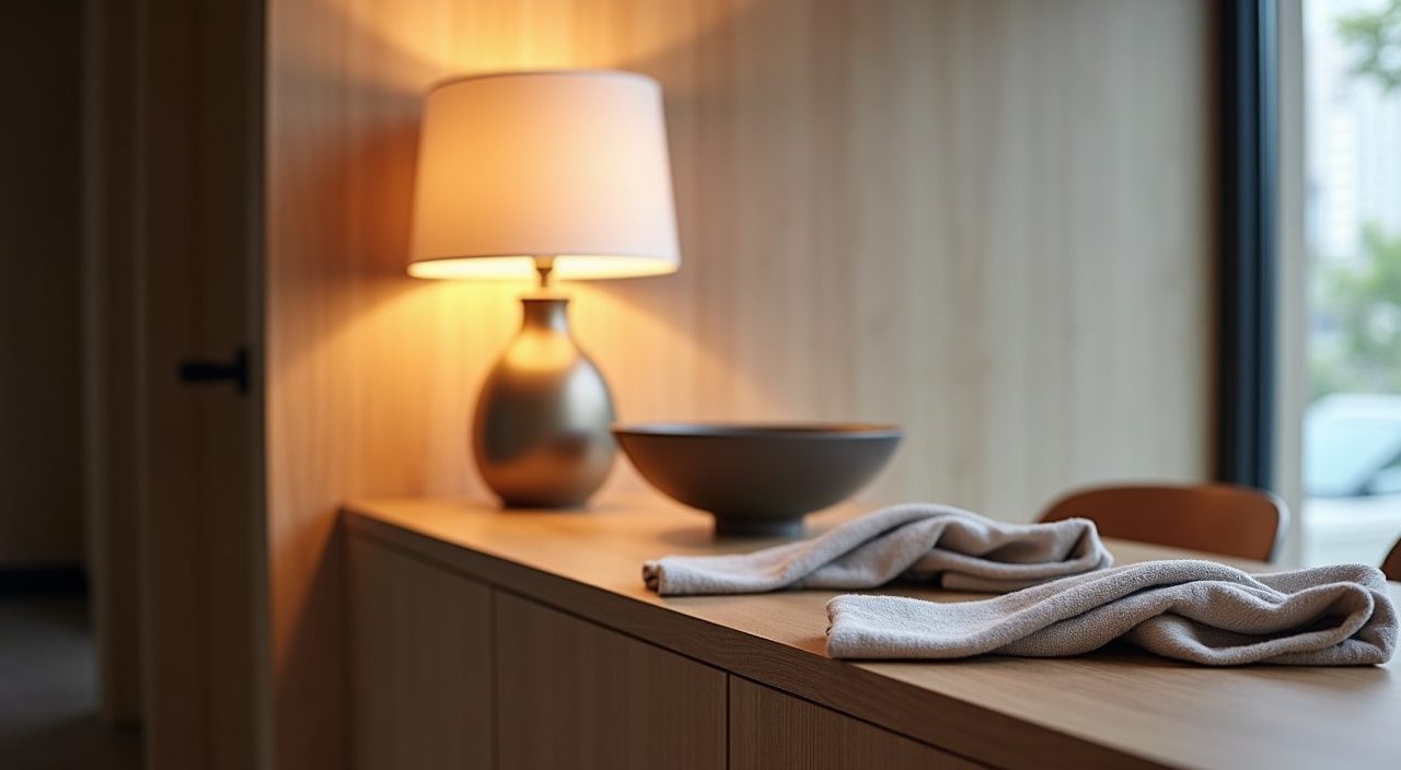 Styled sideboard vignette detail with a lamp bowl and linen in a modern luxury Singapore dining area