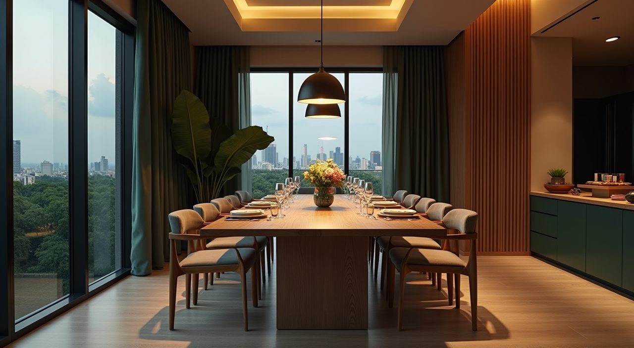Dusk mood shot of a modern luxury Singapore dining area with warm dimmed pendant lighting