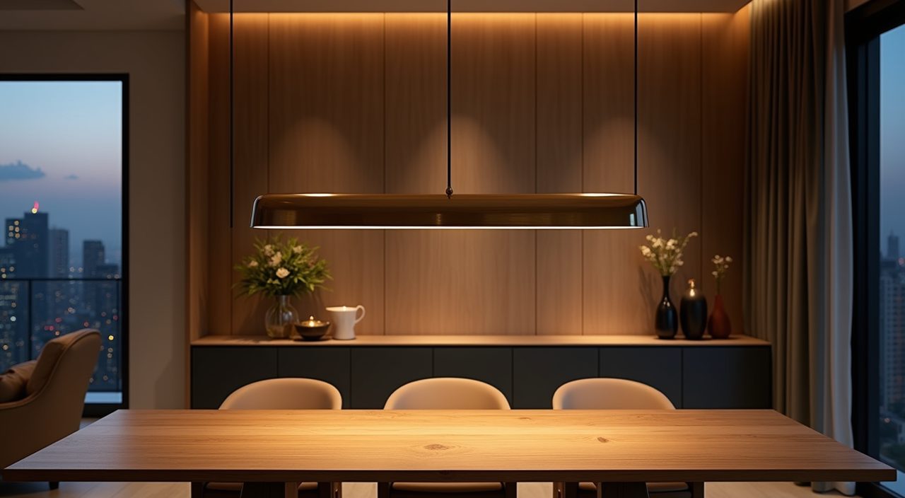 Modern luxury Singapore dining area with a sculptural linear brass pendant as the hero light