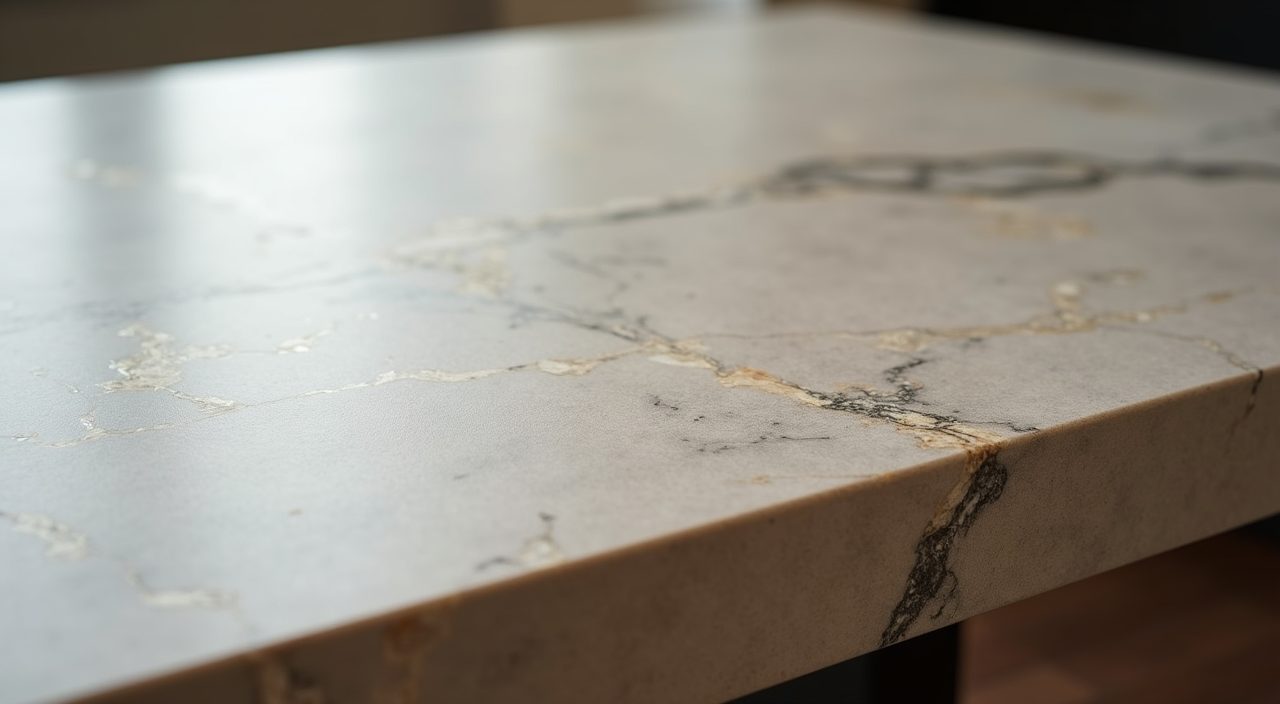 Close up of a matte sintered stone dining tabletop with marble veining in a modern luxury Singapore home