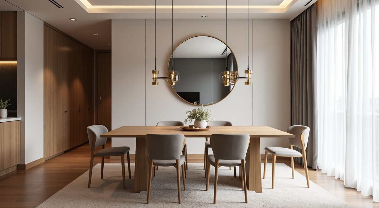Modern luxury Singapore dining area with a large brass framed mirror stretching the tight space