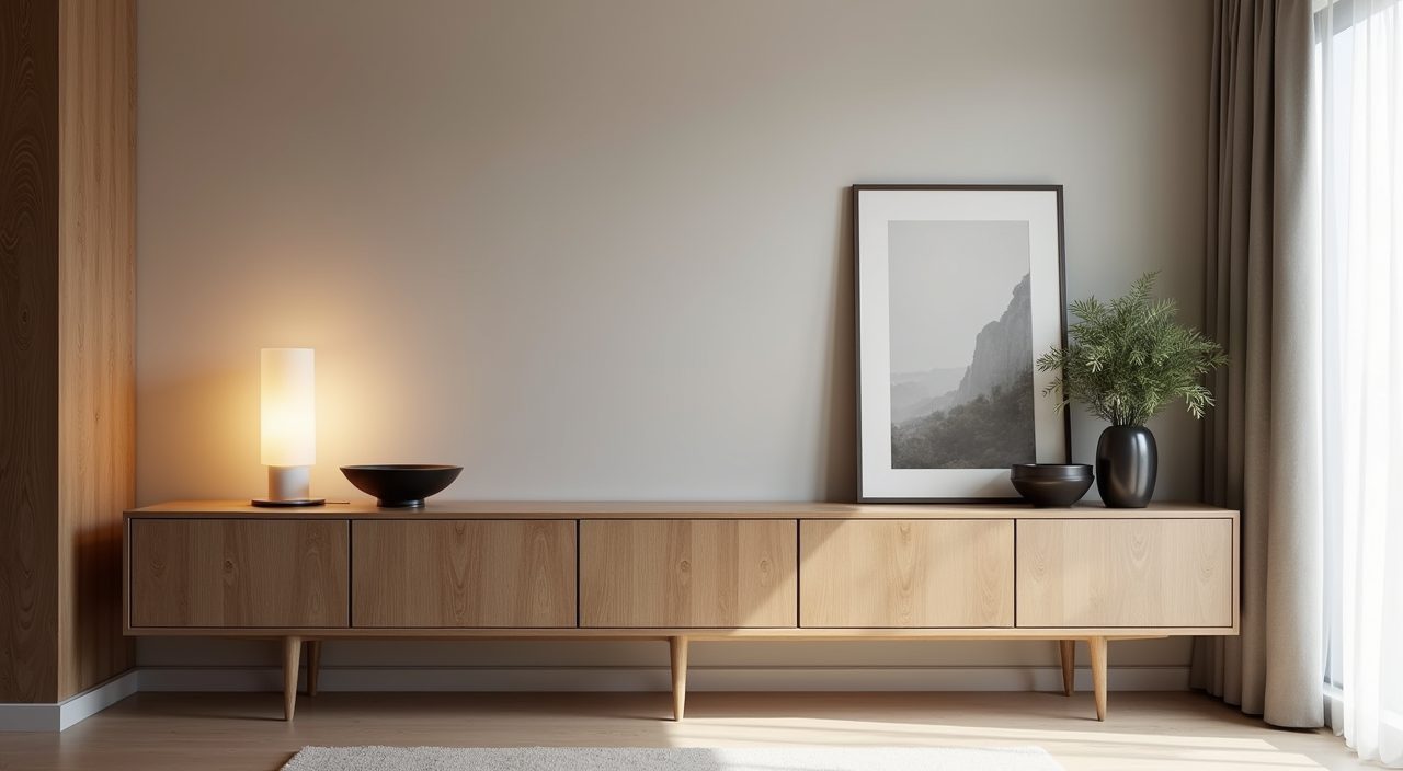 Modern luxury Singapore dining area with a slim built in oak sideboard for storage and styling