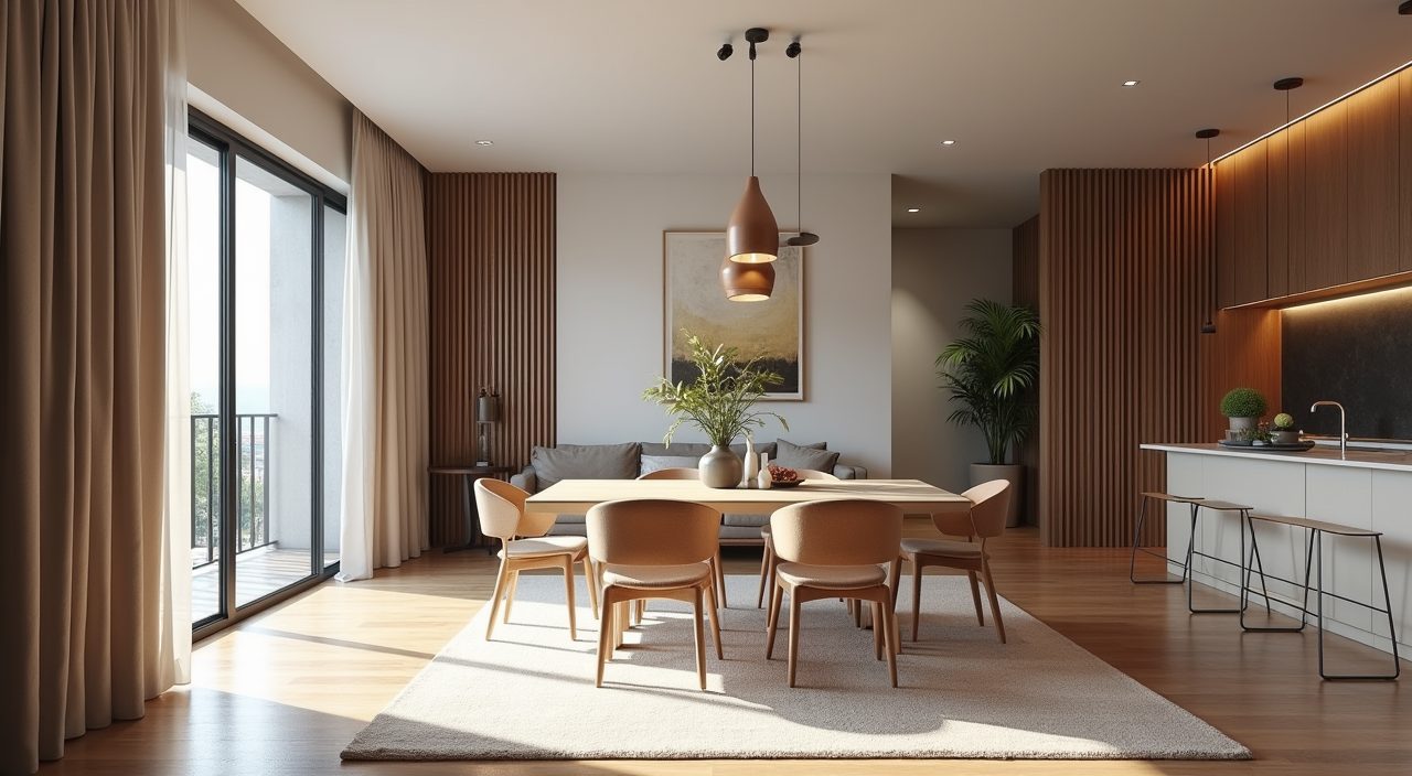 Modern luxury Singapore open plan dining zone defined by a rug pendant and slatted timber screen
