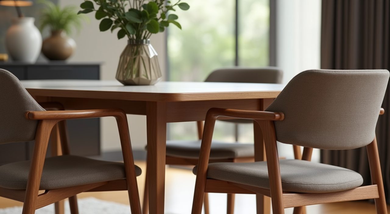 Close up of upholstered timber frame dining chairs in a modern luxury Singapore dining area