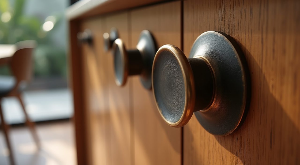 Detail of blackened bronze and brushed brass metal finishes in a modern luxury Singapore dining area