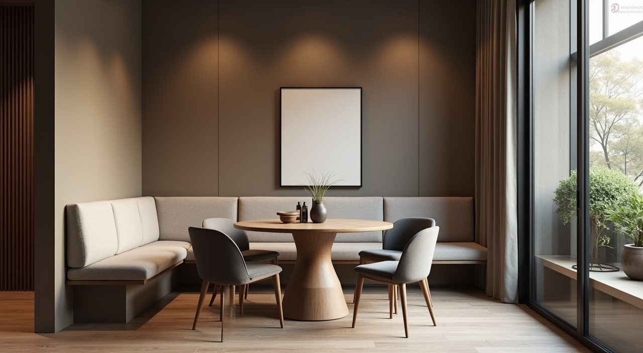 Cozy corner nook of a modern luxury Singapore dining area with a rounded table and feature wall