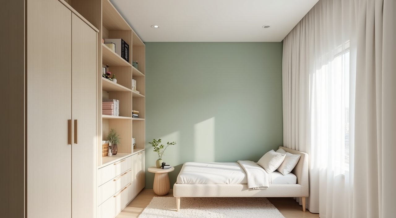 Modern luxury kids room with warm neutral and muted sage palette in a Singapore condo