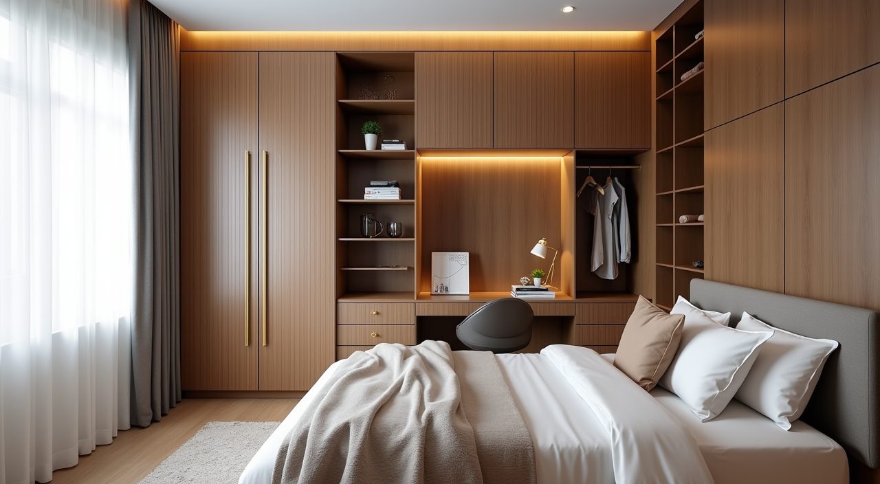 Floor to ceiling fluted timber joinery wall in a modern luxury Singapore kids room