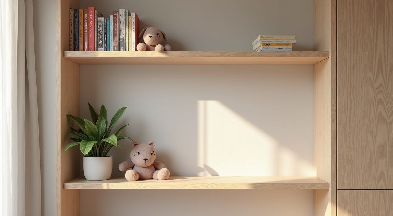 Styled open display shelf with books and plant in a modern luxury Singapore kids room
