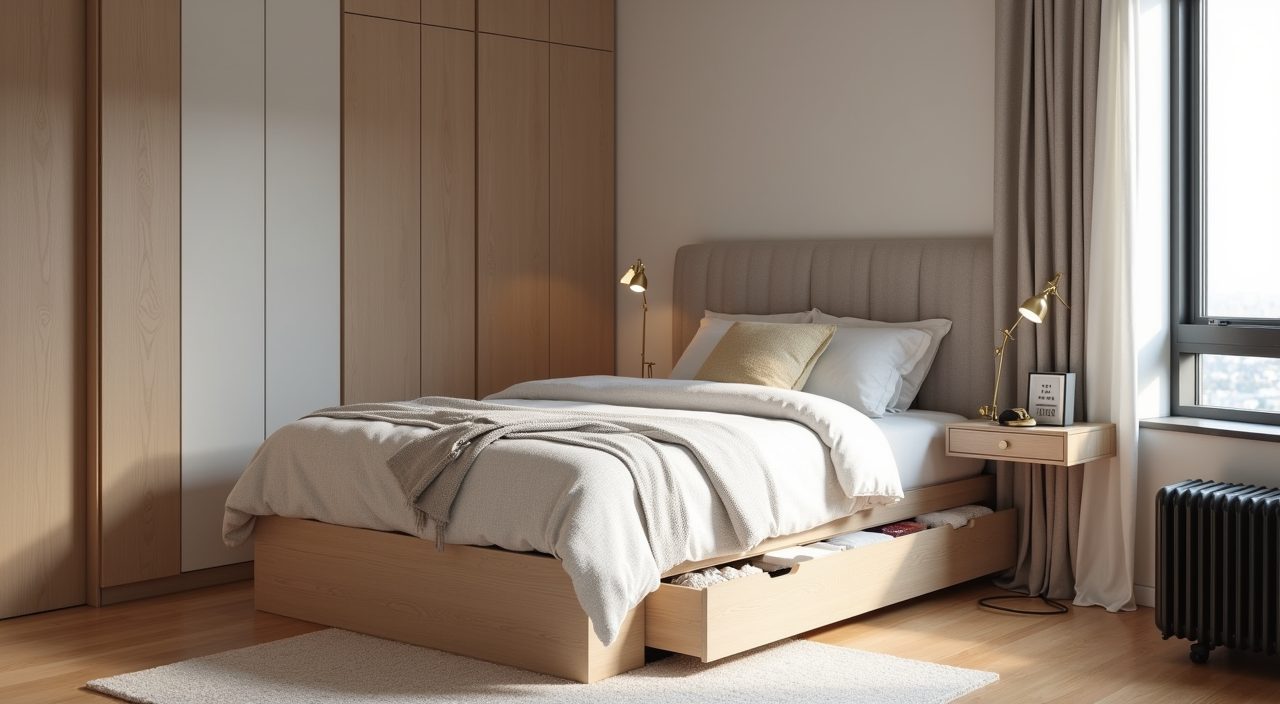 Modern luxury single bed with upholstered boucle headboard and storage in a Singapore kids room