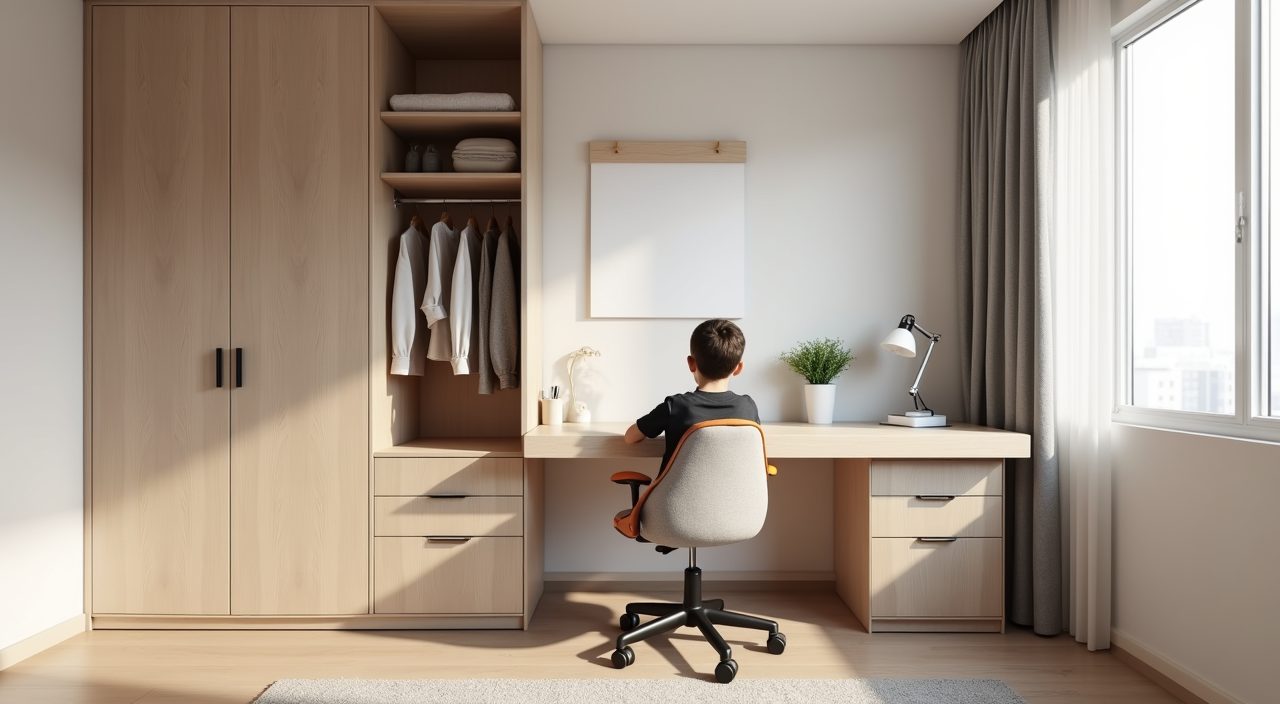 Built-in study desk zone in a modern luxury Singapore kids room