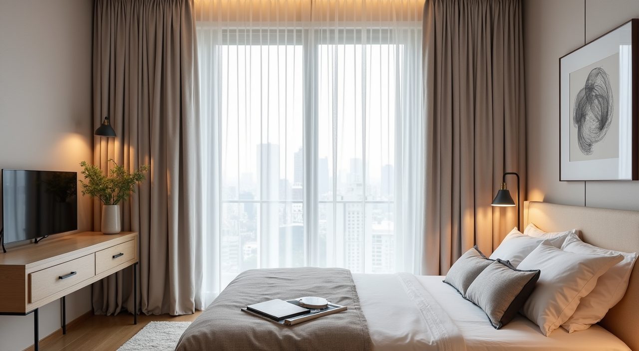 Full-height linen-look curtains managing tropical light in a modern luxury Singapore kids room