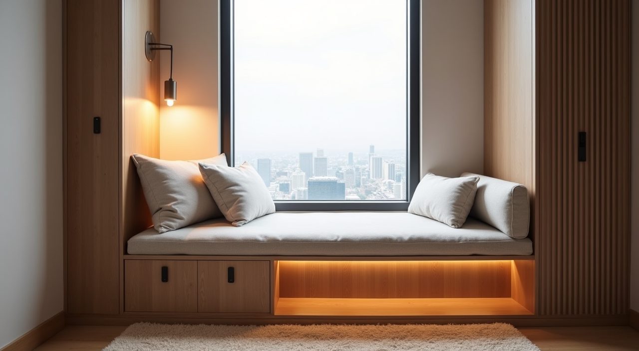 Padded window seat reading nook in a modern luxury Singapore kids room