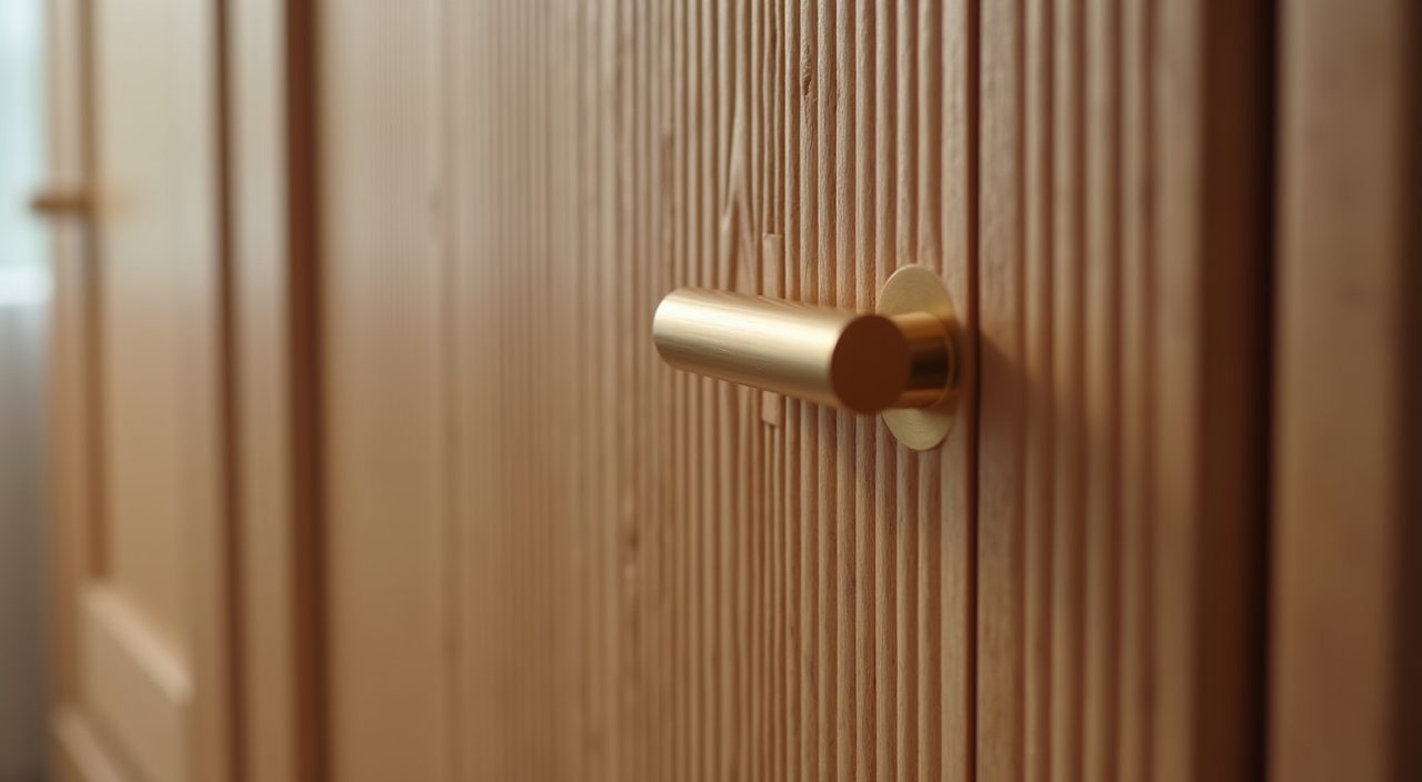Brushed brass pull on fluted timber wardrobe in a modern luxury Singapore kids room