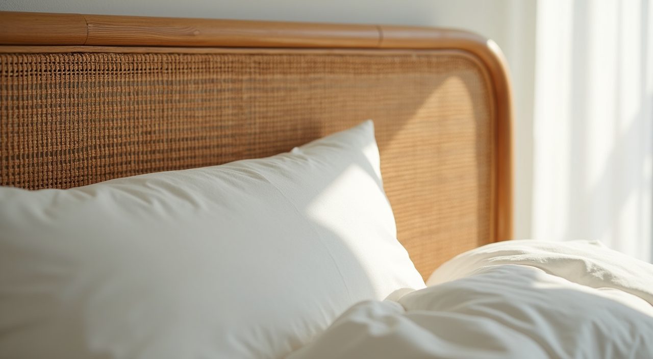 Cane and rattan headboard detail in a Muji Japanese Singapore bedroom