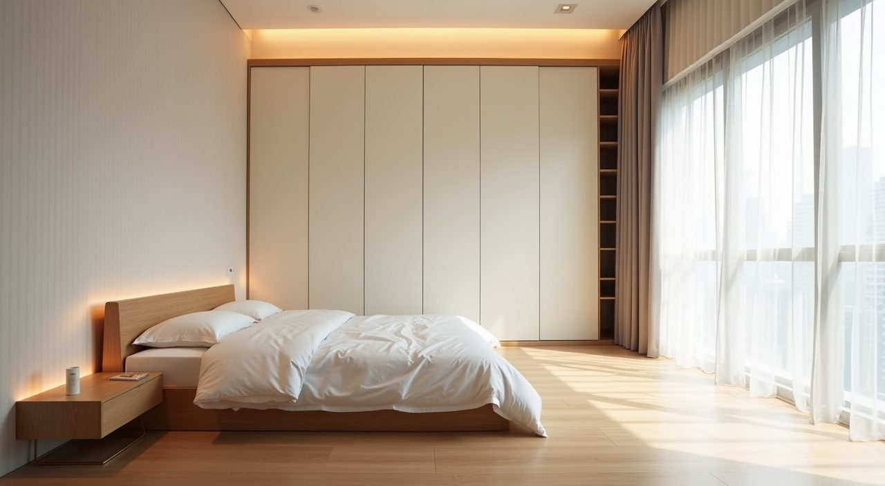Wide view of a full Muji Japanese style bedroom in a Singapore condo