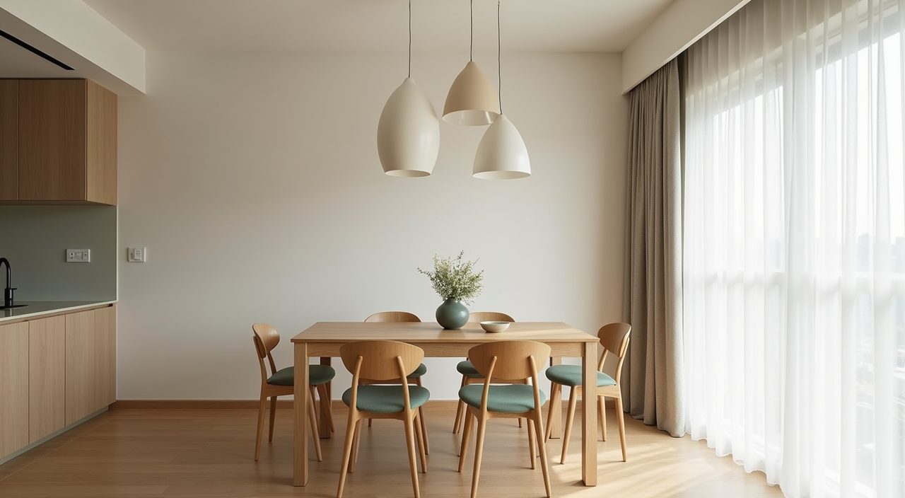 Muji Japanese dining area in a Singapore HDB flat with warm white oatmeal walls and pale oak table