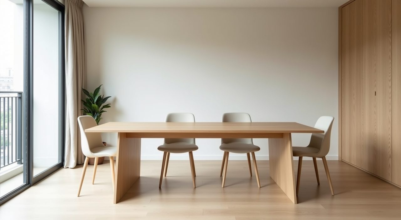 Low pale oak Muji dining table with matte oiled top in a Singapore condo dining area