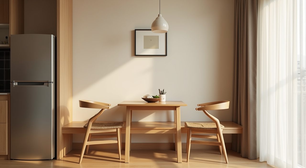 Cosy Muji dining nook corner with timber bench and oatmeal wall in a Singapore condo