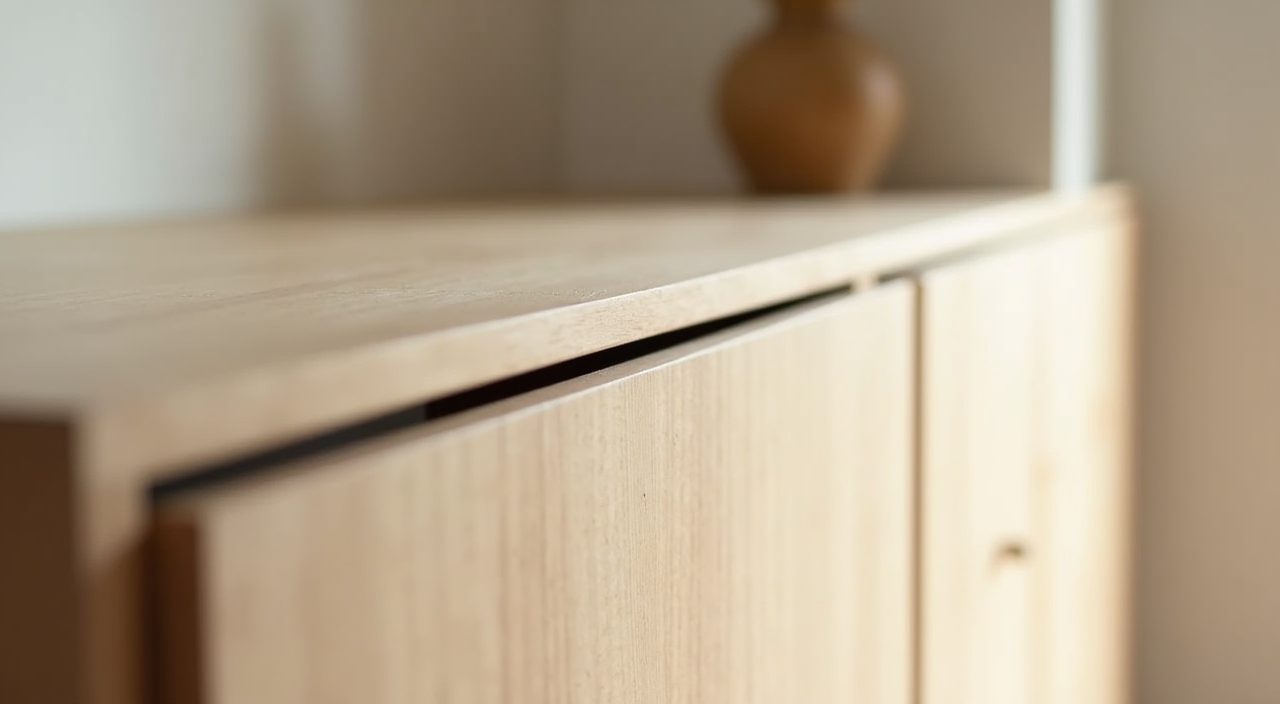 Detail of a handleless push to open pale timber Muji sideboard front in a Singapore dining area