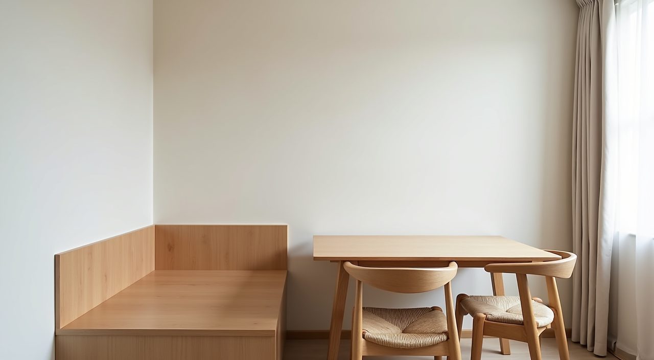 Muji dining area in a Singapore flat with light timber armless chairs and a wall bench
