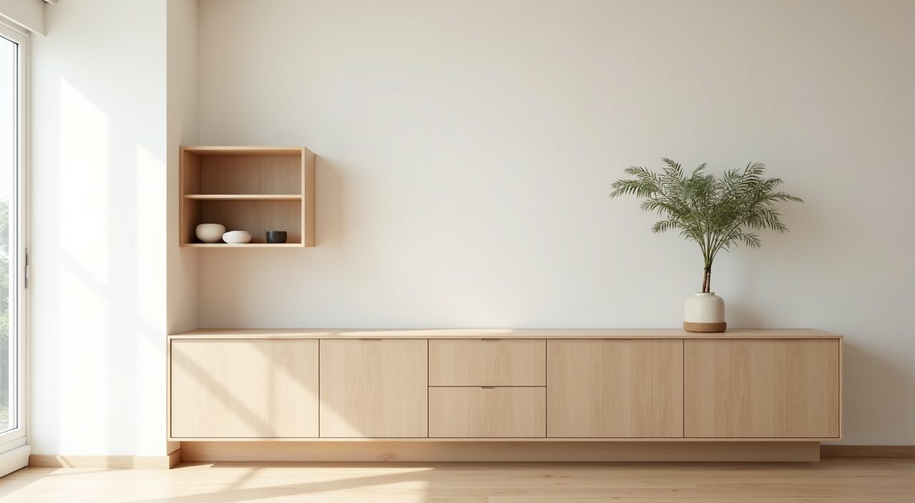 Low handleless closed storage and pale timber sideboard in a Muji Singapore HDB dining area