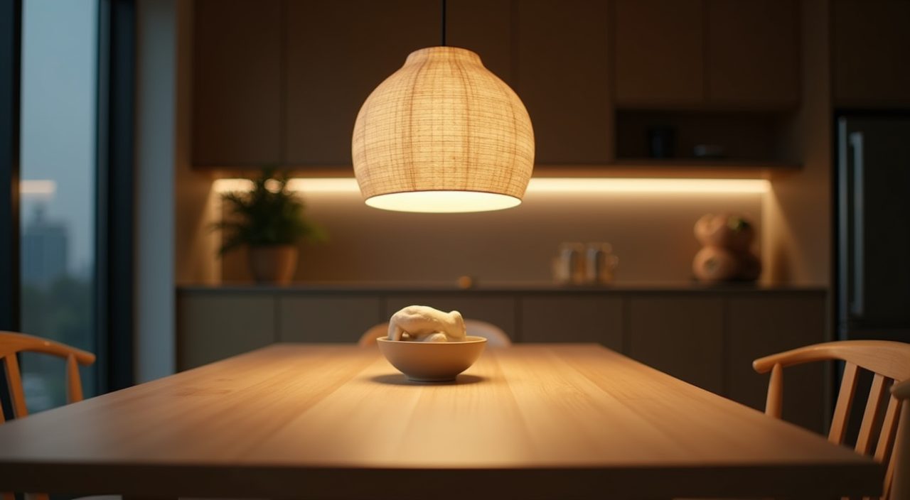 Warm paper shade pendant lighting low over a Muji dining table in a Singapore condo