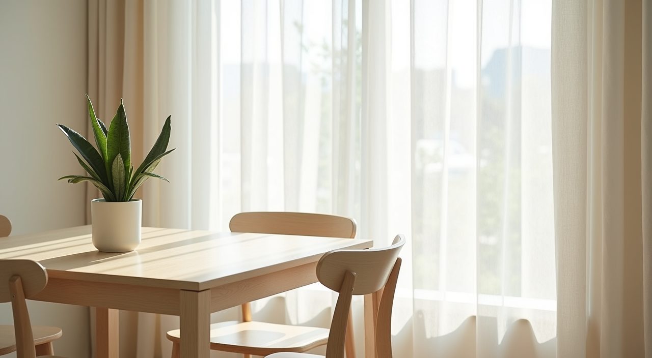 Muji Singapore dining corner with light linen sheer drapes and a single snake plant