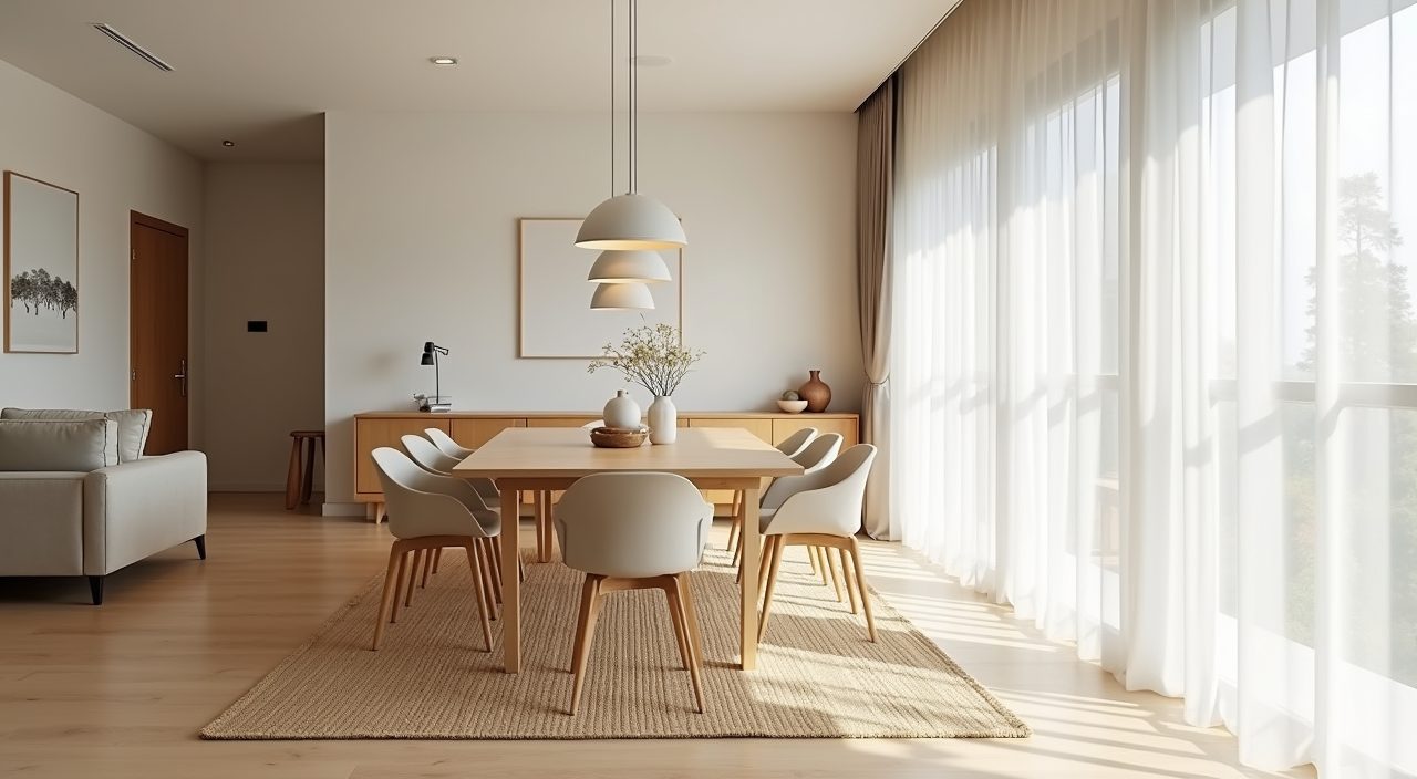 Open plan Muji Singapore HDB dining zone defined by a rug pendant and sideboard within the living area