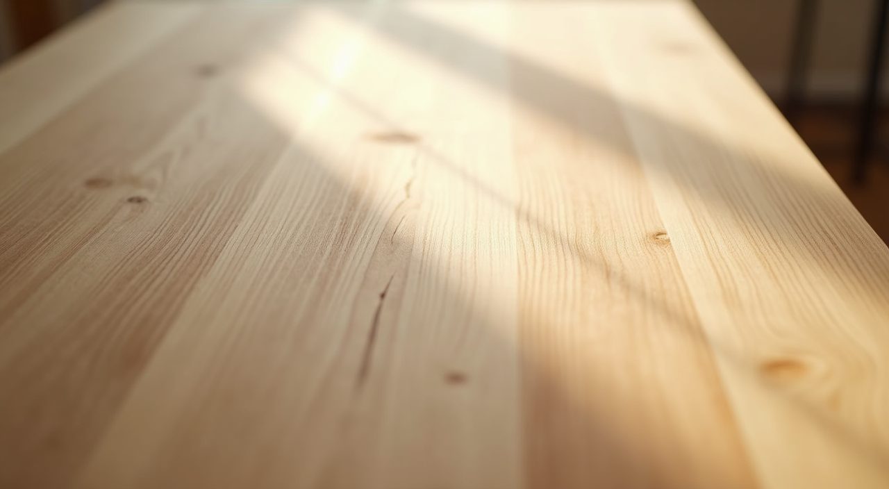 Close up material detail of a pale oak matte oiled Muji dining table top texture