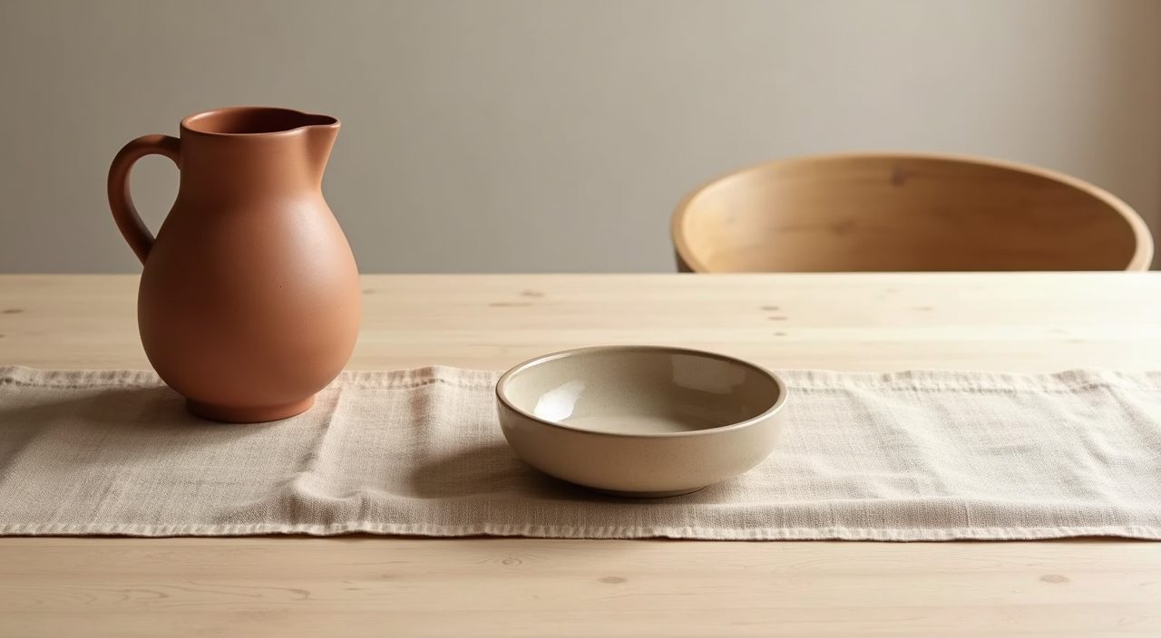 Muji styled tabletop detail with clay jug linen runner and stoneware bowl in a Singapore home