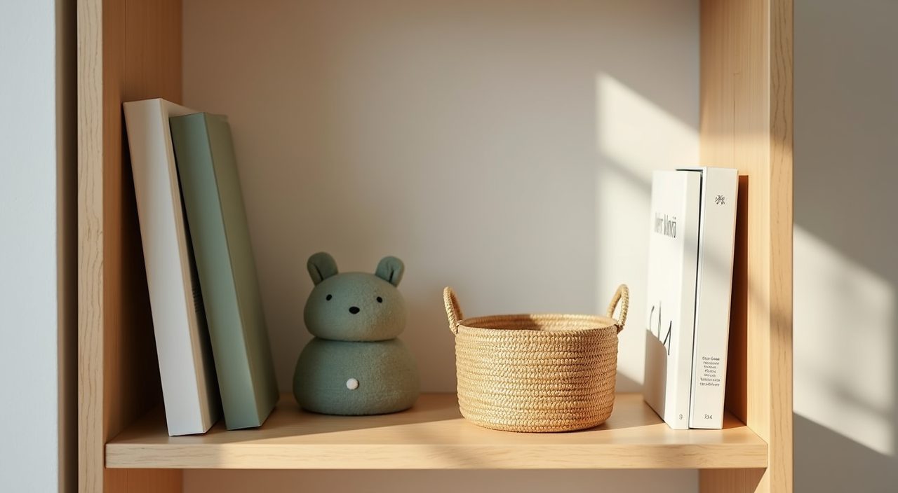 Styled low open oak shelf detail in a Muji Japanese kids room in a Singapore home