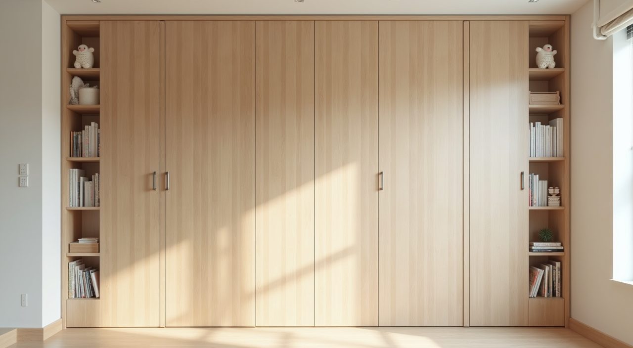 Full-height flat-front light oak built-in storage wardrobe in a Muji Japanese kids room in a Singapore flat