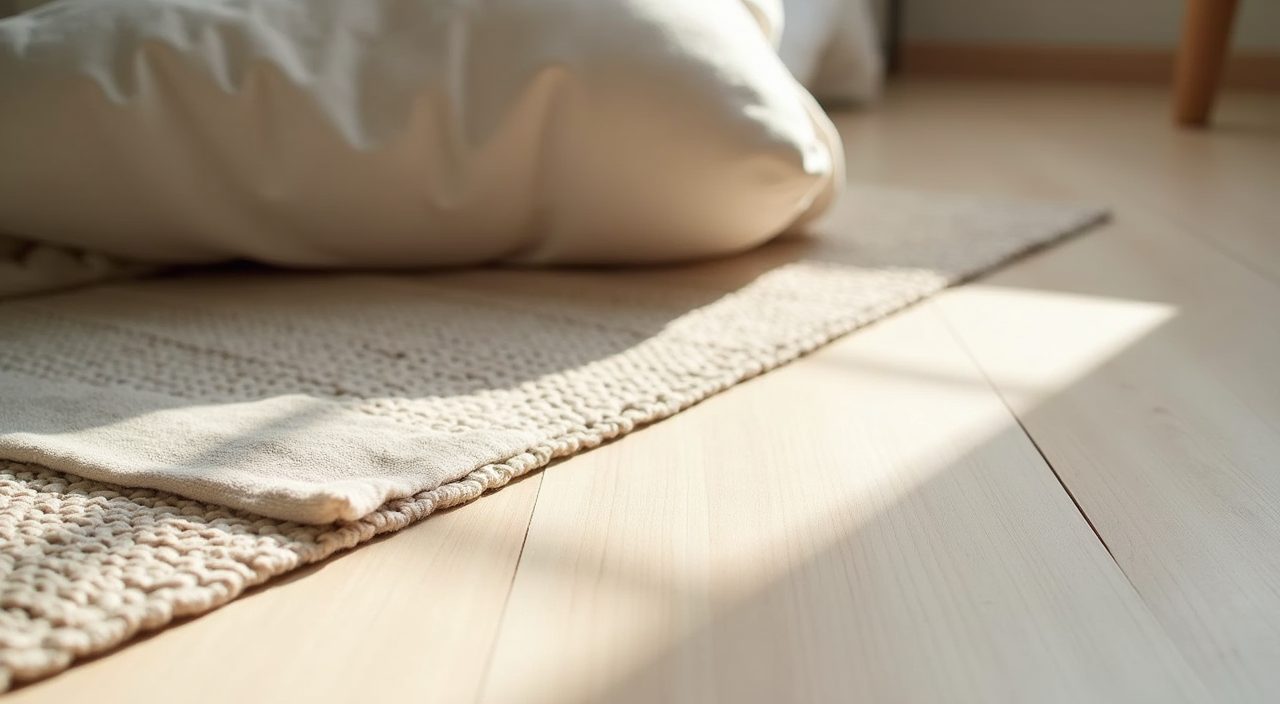 Close-up of pale light-oak plank flooring and washable cotton rug in a Muji Japanese kids room in Singapore