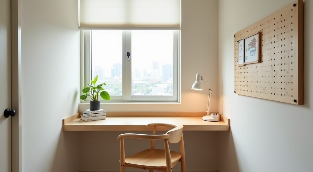 Slim light-wood study desk nook by the window in a Muji Japanese kids room in a Singapore HDB flat