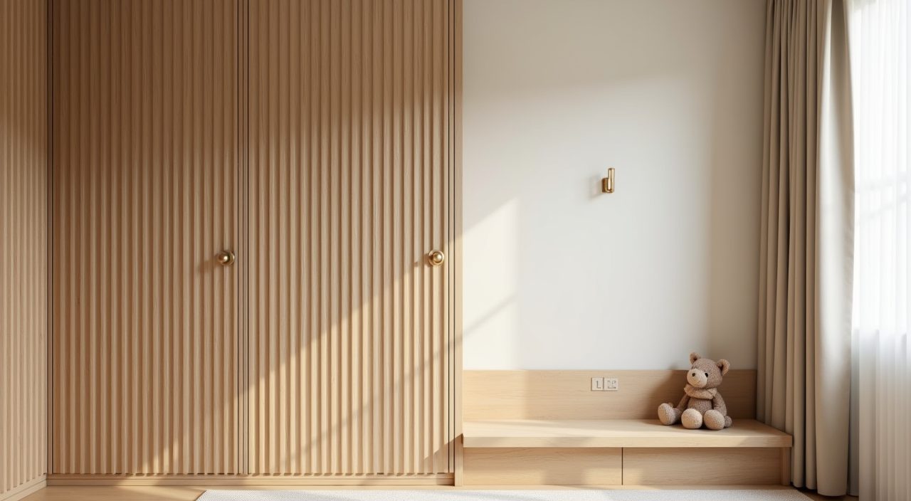 Light-wood slat feature wall in a Muji Japanese kids room in a Singapore condo