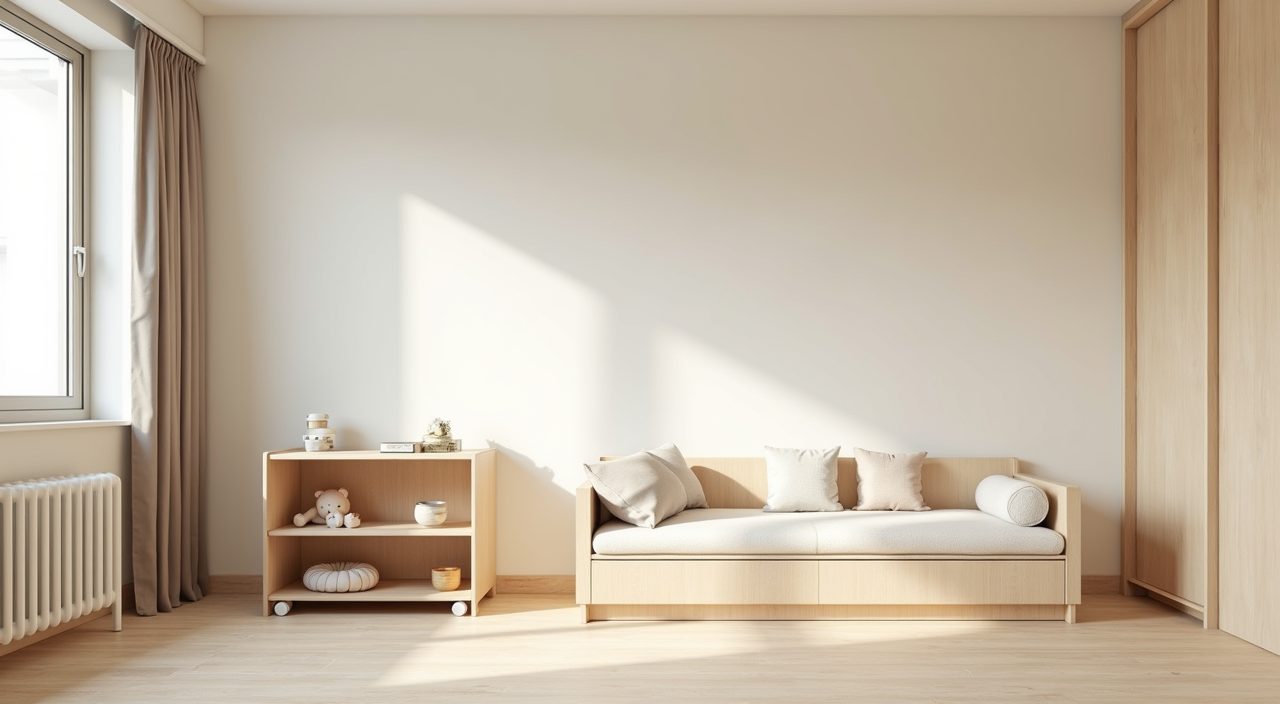 Open floor Muji Japanese kids room in a Singapore HDB flat with a rolling toy shelf and floor cushions