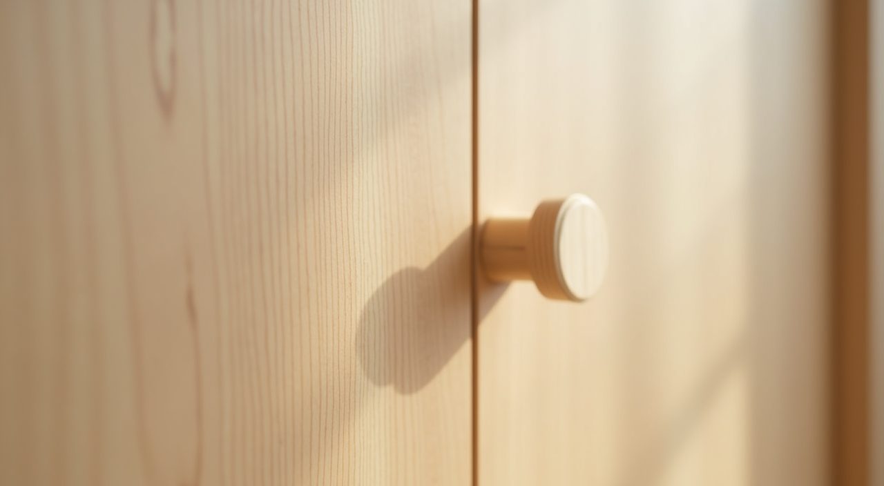 Handleless J-groove pull detail on a light oak wardrobe front in a Muji Japanese kids room in Singapore
