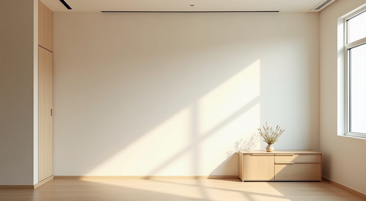 Muji Japanese living room in a Singapore HDB with warm off-white walls, oatmeal tones and light oak floor