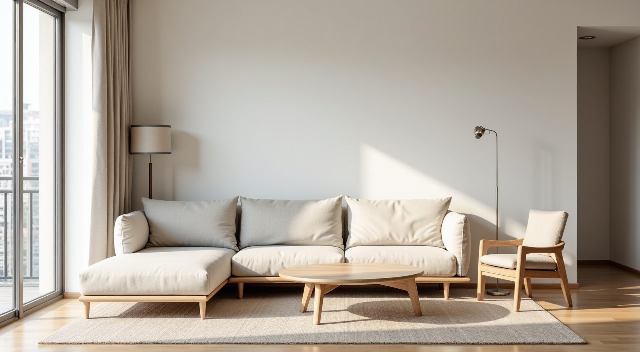 Muji Japanese Singapore condo living room with low linen sofa, low timber coffee table and open floor space