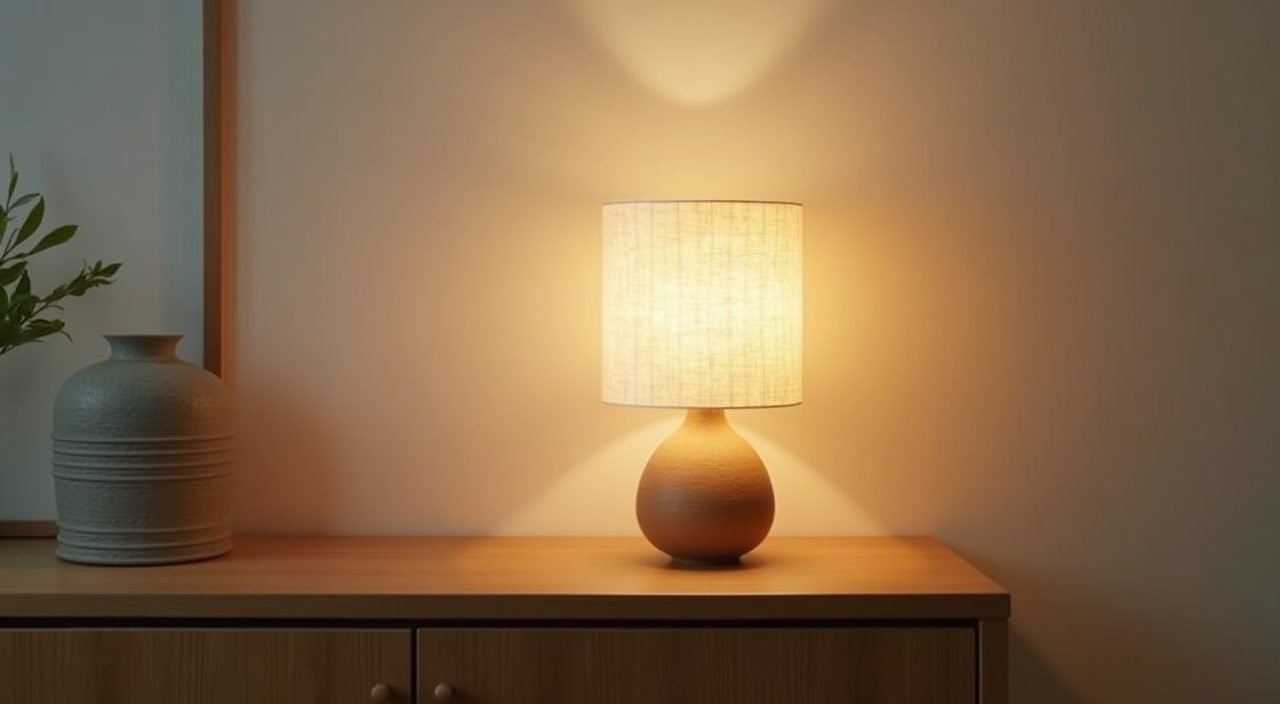 Warm rice-paper style lamp on a low sideboard in a Muji Japanese Singapore living room at dusk