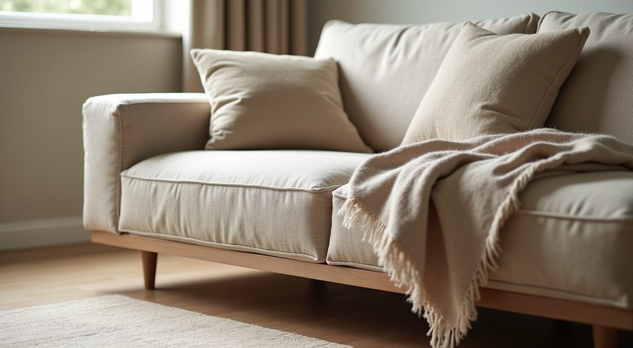 Close-up of a low oatmeal fabric sofa with linen cushion and wool throw in a Muji Japanese Singapore living room