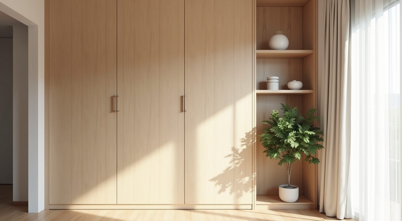 Muji Japanese Singapore living room with full-height flush handleless built-in storage in light wood laminate