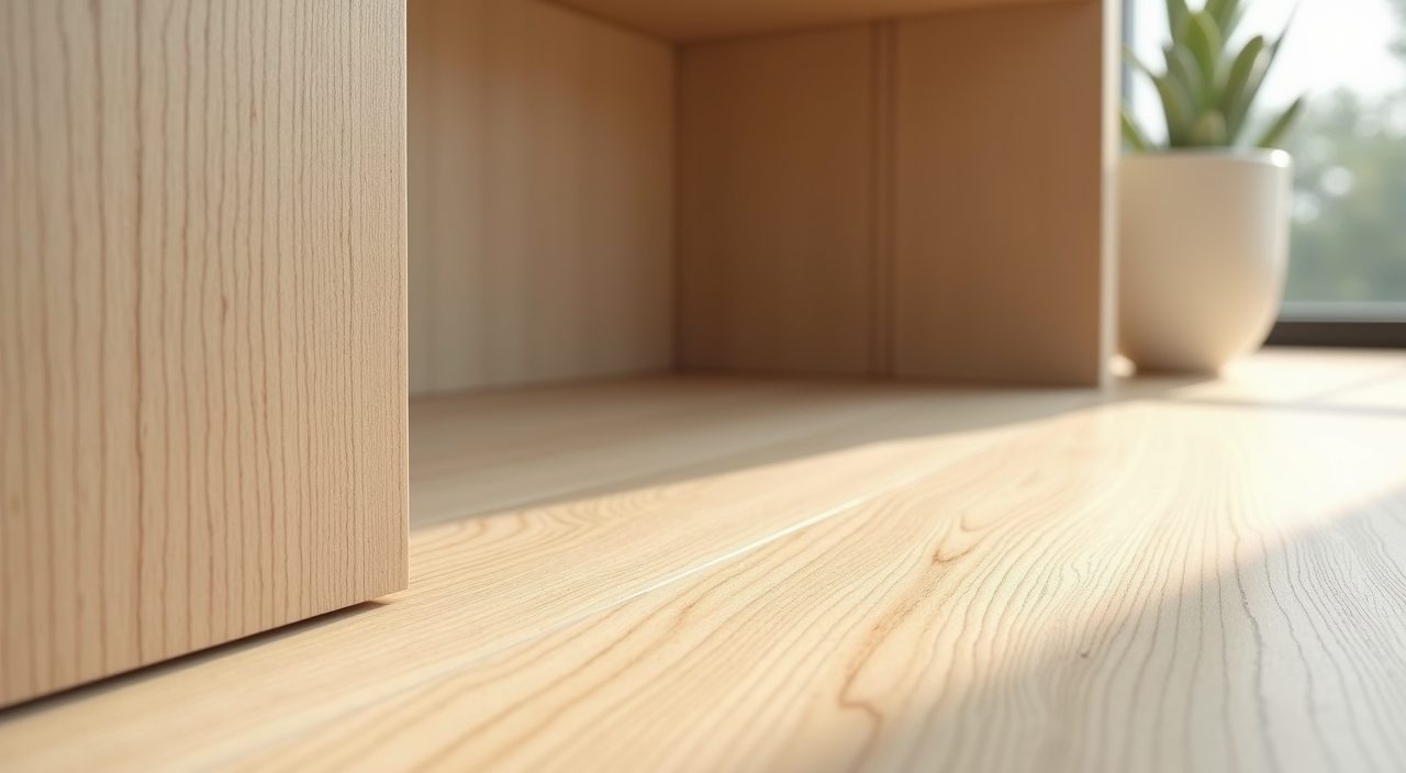 Close-up of light engineered wood flooring and matte wood grain laminate carpentry in a Muji Japanese Singapore living room
